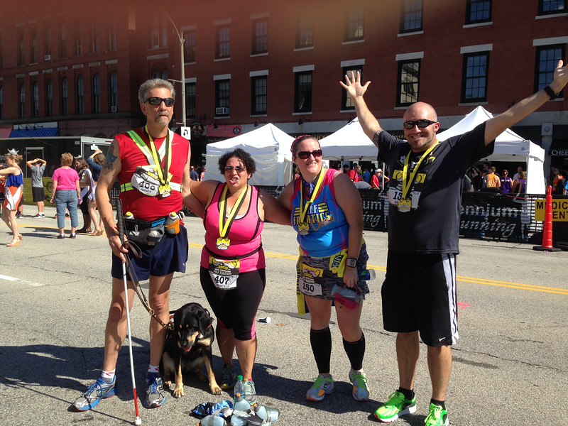 Randy, his wife Tracy, Autumn, and friends Sarah Toney and Greg Neault at the New England Half in 2014.