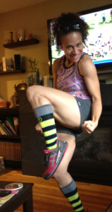 Shelby showing off a pair of her trademark Crazy Socks!